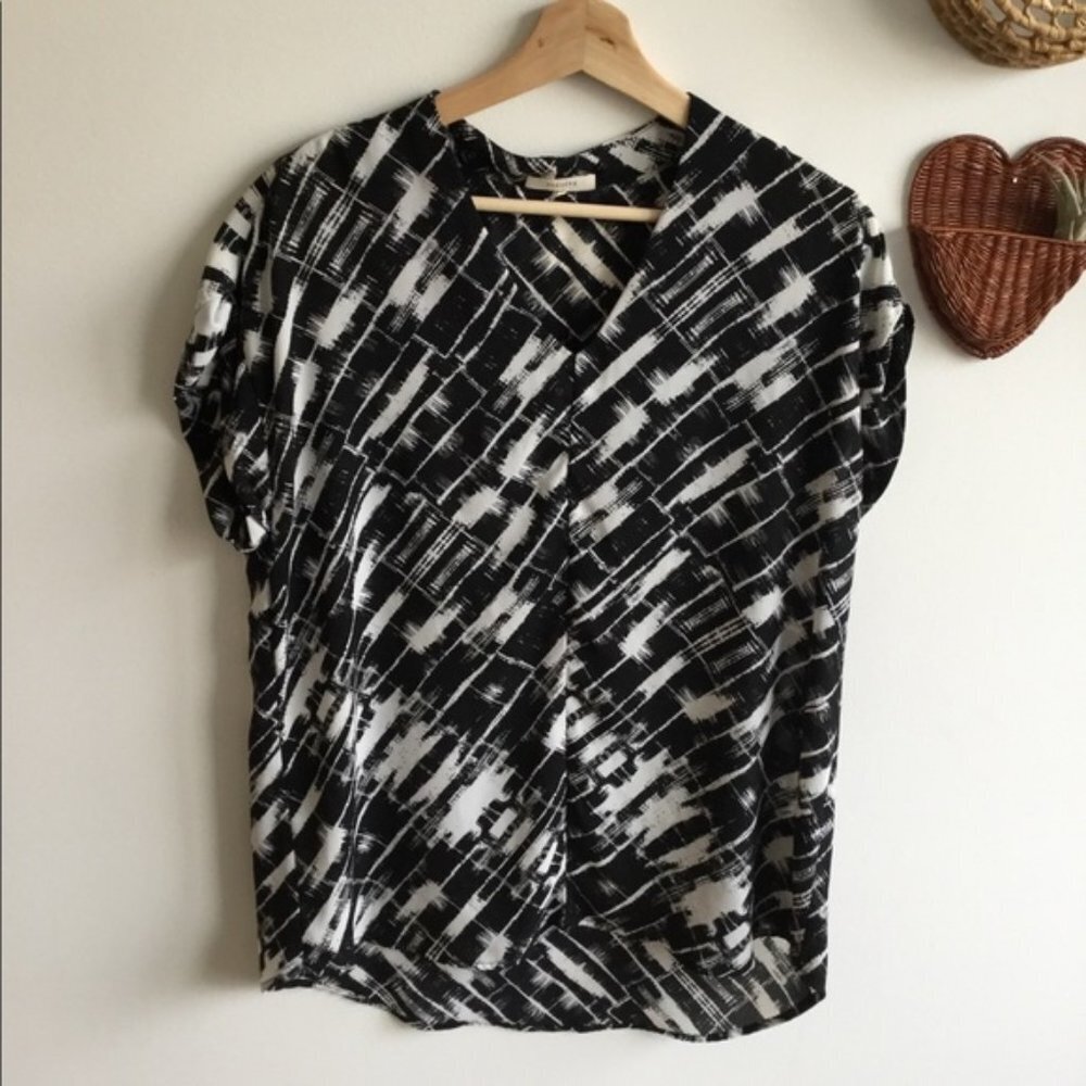Pleione V Neck Mixed Media Black White Blouse